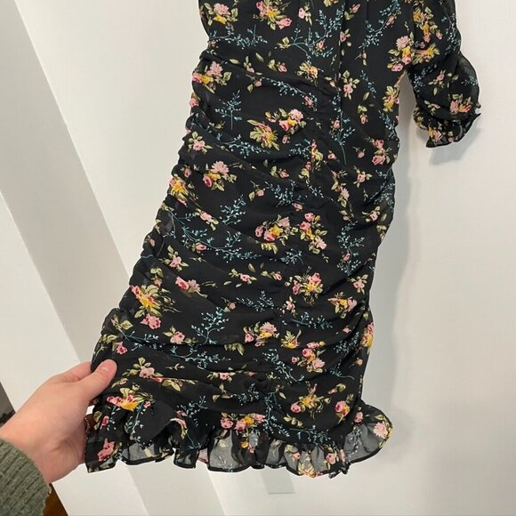 NEW NWT LEA VIOLA Shirred Floral Mini Dress Black Pink Multi Ruched Bodycon S - Picture 14 of 16